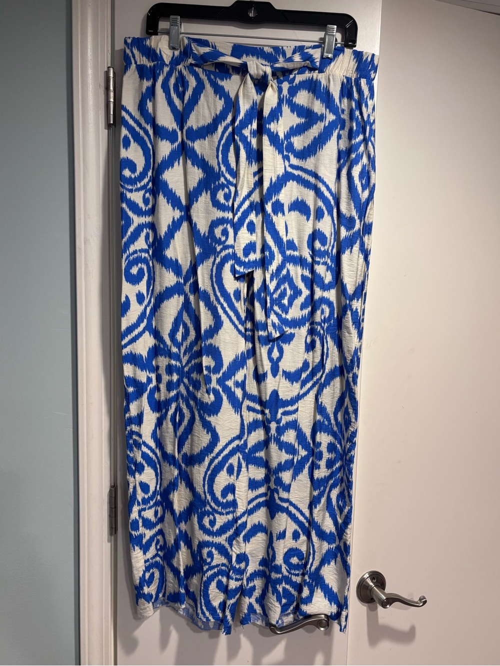Blue and White Ikat Printed Wide Leg Pants with Tie Waist